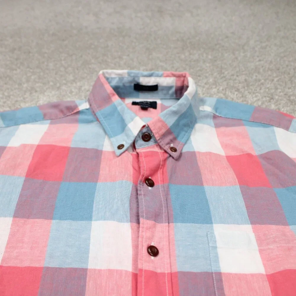 J. Crew Cotton/Linen Shirt Mens Large Pink/Blue/White Slim Fit S/S Button Preppy